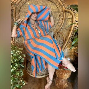 Marrakshi Life Striped Blue and Orange Maxi Dress with Hat